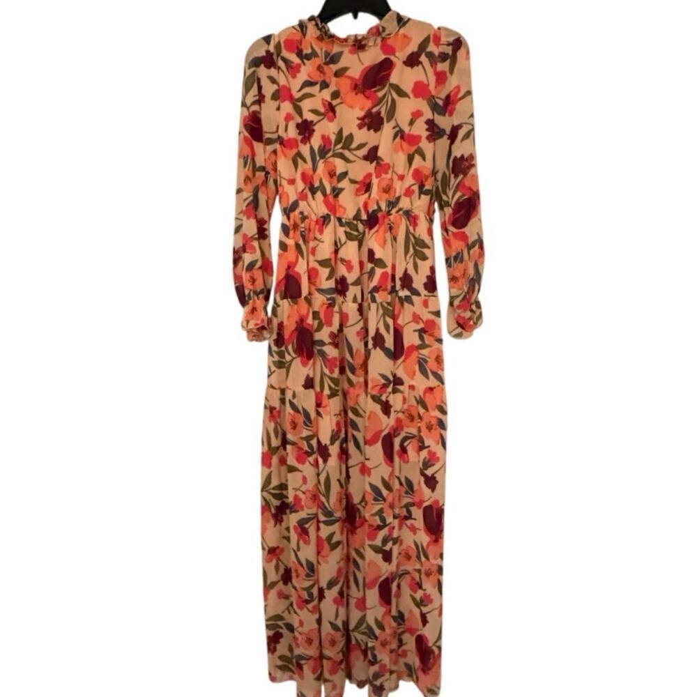 Peachy Pink Floral Empire Waist Ruffle Tiered Maxi Dress Boho Cottagecore Small - Picture 4 of 16